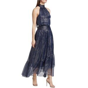 Ramy Brook Bridgid Gown Dress Womens 0 Navy Metallic Silk Halter Maxi Evening